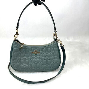 Coach Teri Shoulder In Blocked Signature Leather Sage/Dark Turquoise CY674 NWT